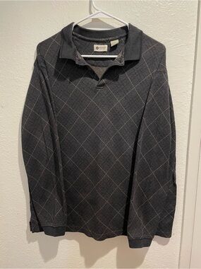 Haggar Diamond Jacquard Long Sleeve Polo Shirt Gray L 💎